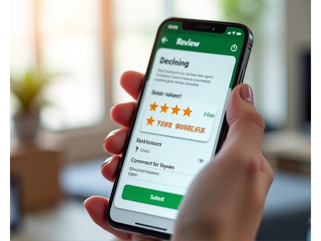 Ръка, държаща смартфон с приложение за споделяне на мнения, звезди за оценка и икона за обратна връзка, символизираща активно участие.