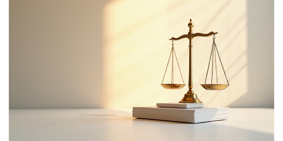 Везни на правосъдието, символизиращи баланс и справедливост, с мек фокус, за да предадат концепцията за отговорност и освобождаване от отговорност в юридически контекст.