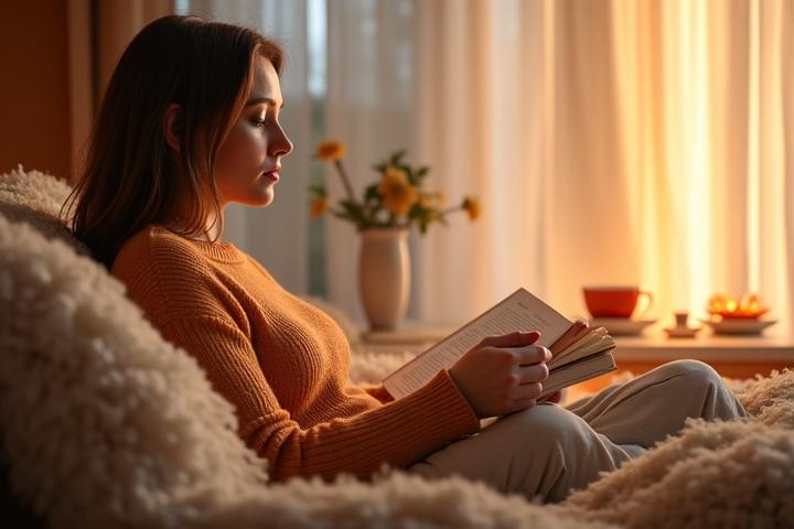 Жена чете книга спокойно, докато пие чай в уютна атмосфера